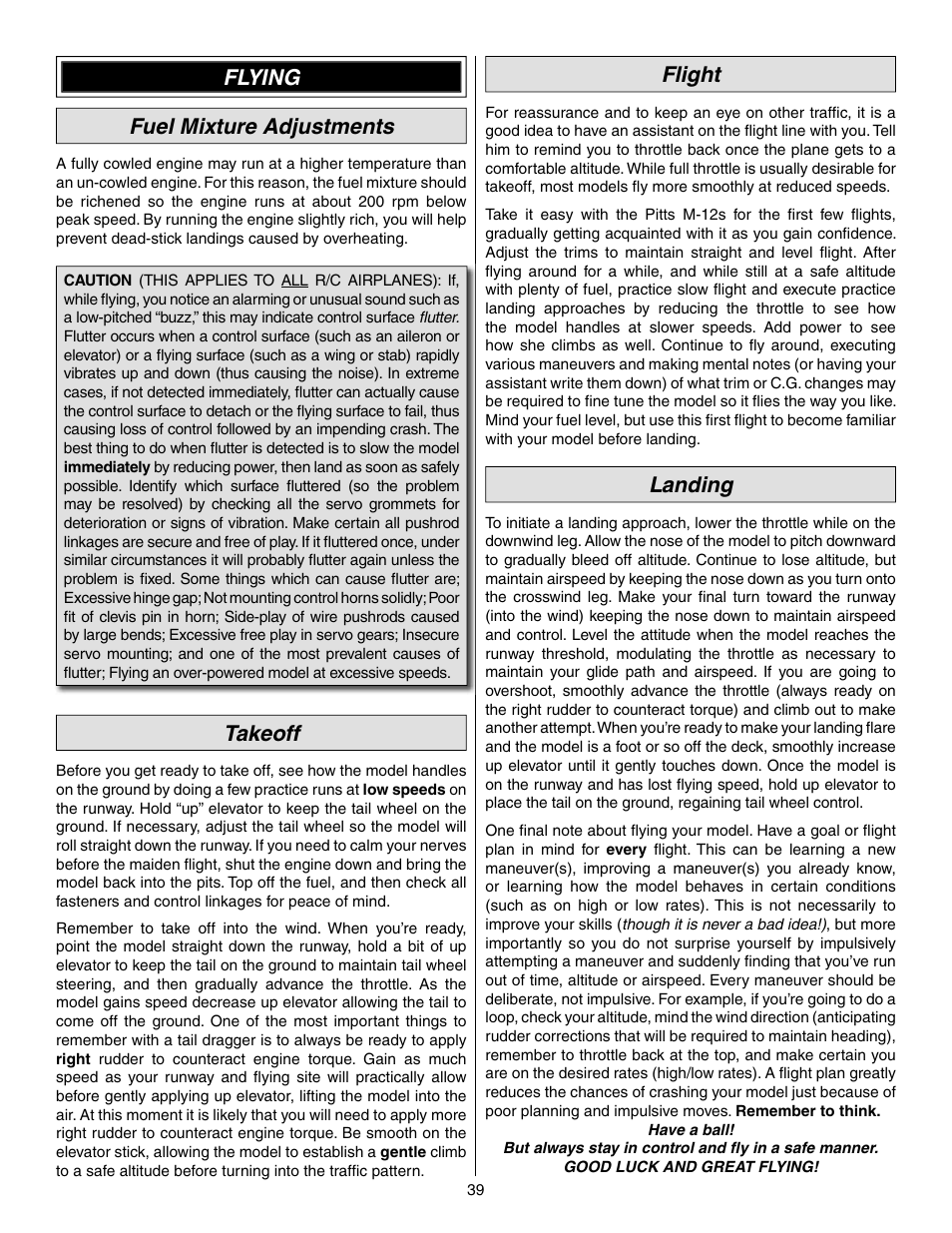 Flying fuel mixture adjustments, Takeoff, Flight | Landing | Great Planes 25% Pitts M-12S 50cc ARF - GPMA1421 User Manual | Page 39 / 40