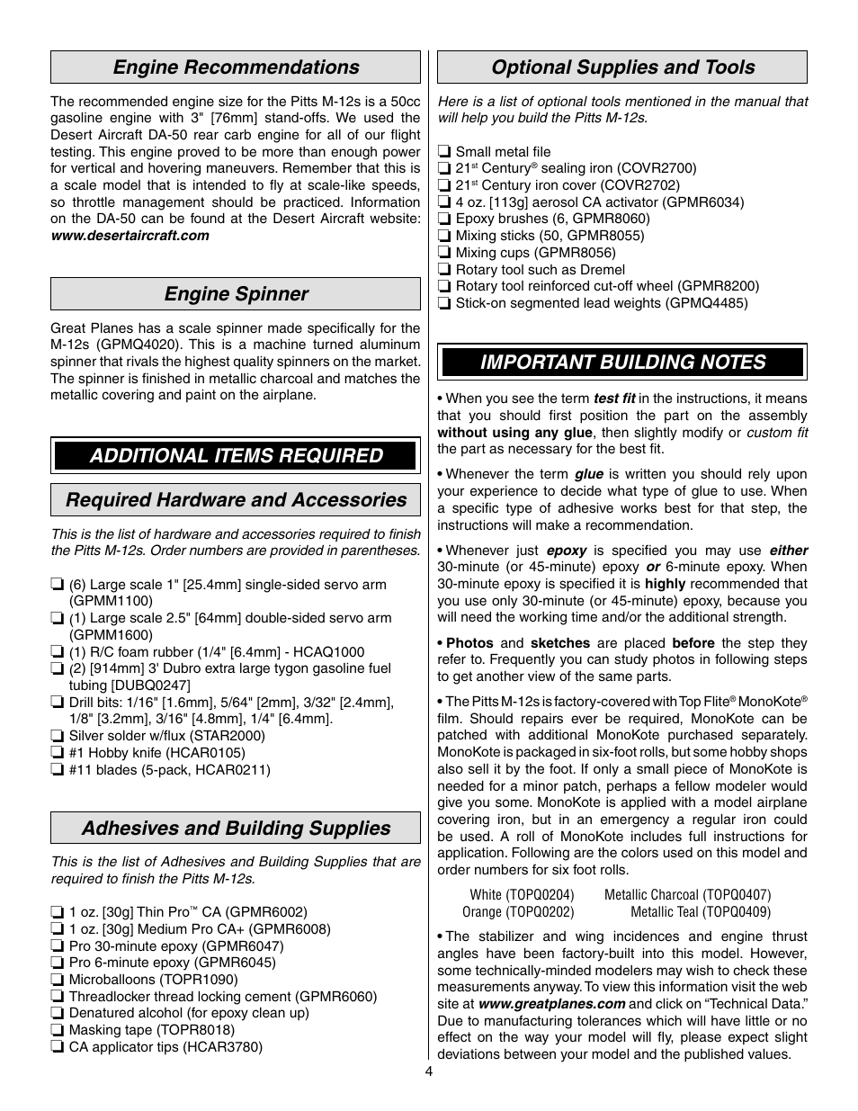 Engine recommendations, Engine spinner, Adhesives and building supplies | Optional supplies and tools | Great Planes 25% Pitts M-12S 50cc ARF - GPMA1421 User Manual | Page 4 / 40