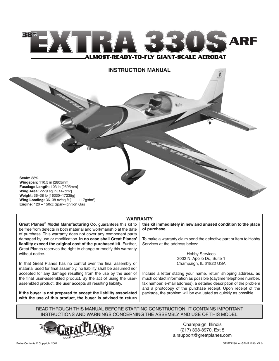 Great Planes 38% Extra 330S ARF - GPMA1290 User Manual | 28 pages