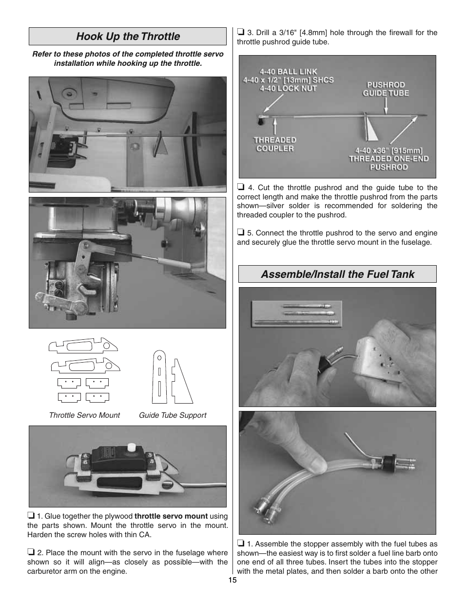 Hook up the throttle, Assemble/install the fuel tank | Great Planes 38% Extra 330S ARF - GPMA1290 User Manual | Page 15 / 28