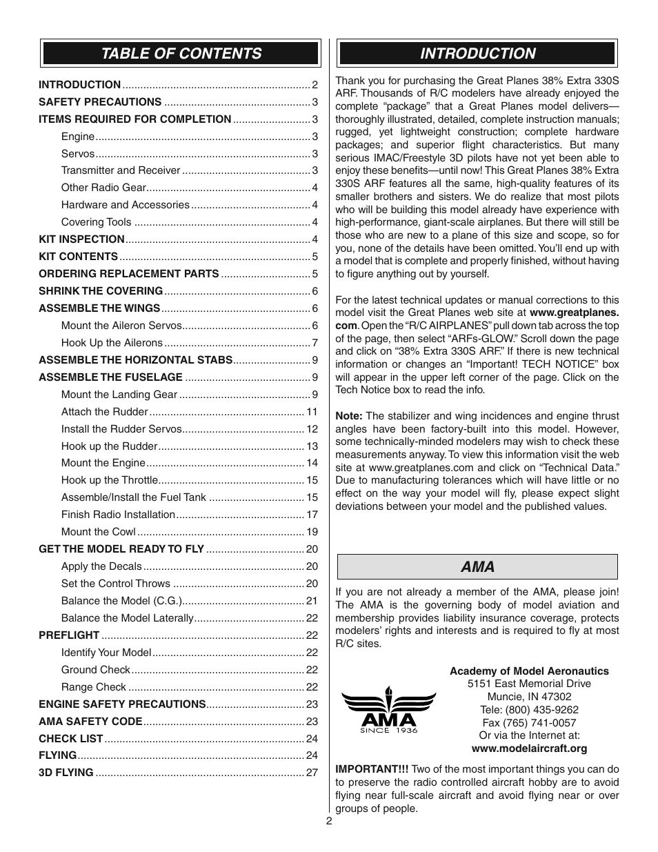 Great Planes 38% Extra 330S ARF - GPMA1290 User Manual | Page 2 / 28