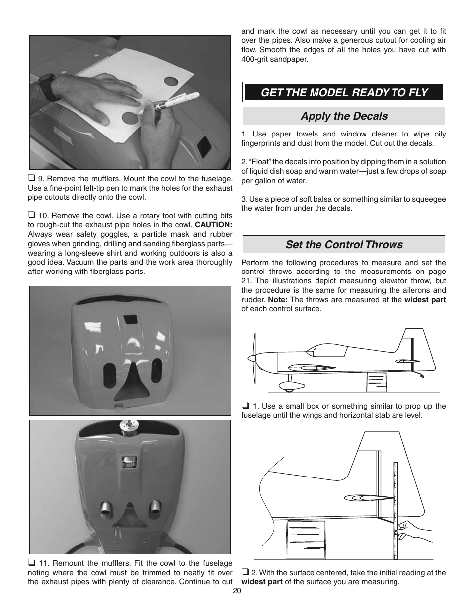 Get the model ready to fly apply the decals, Set the control throws | Great Planes 38% Extra 330S ARF - GPMA1290 User Manual | Page 20 / 28