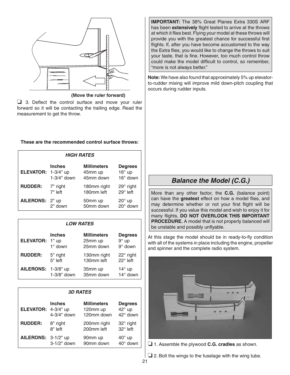 Balance the model (c.g.) | Great Planes 38% Extra 330S ARF - GPMA1290 User Manual | Page 21 / 28