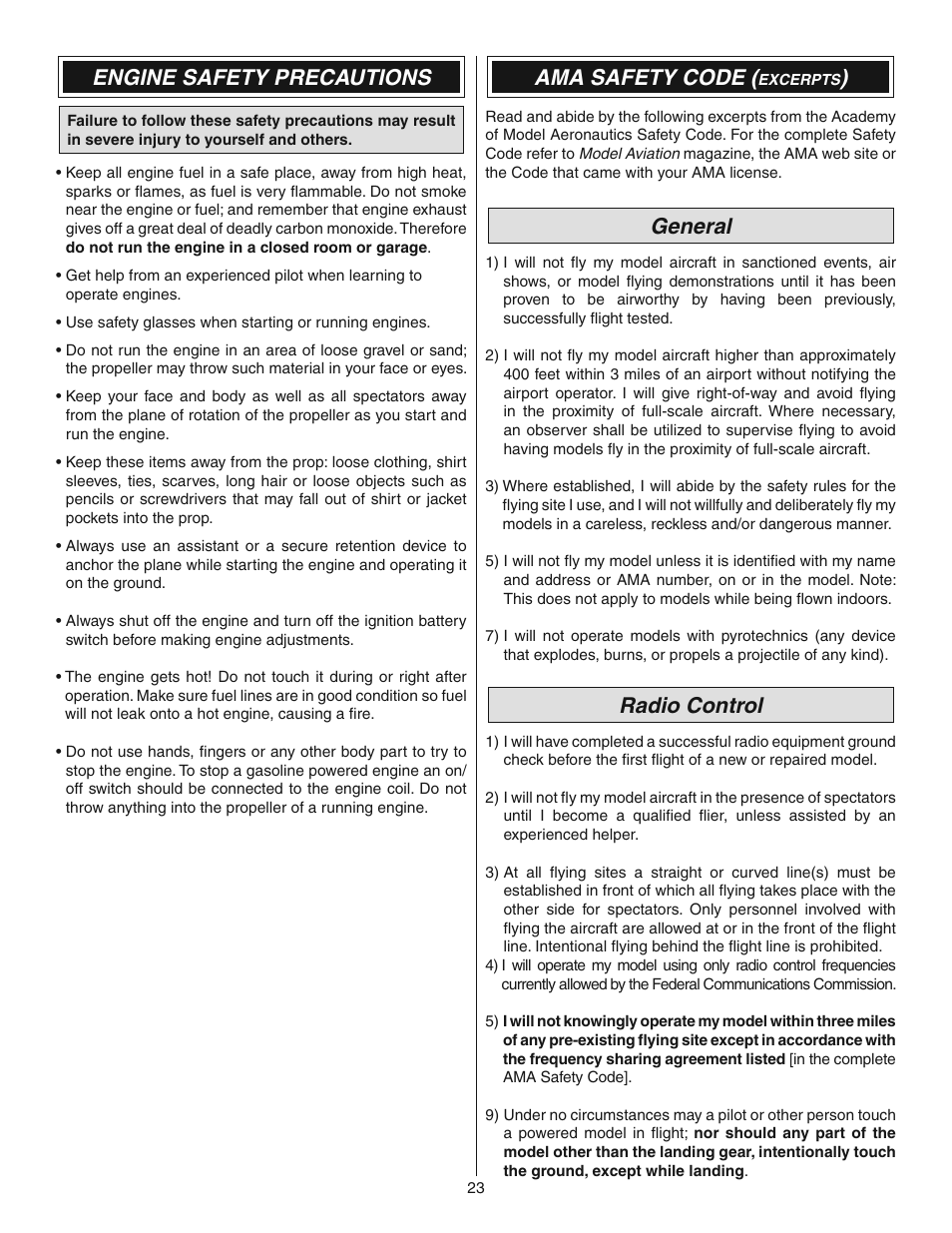 Engine safety precautions, Ama safety code, General | Radio control | Great Planes 38% Extra 330S ARF - GPMA1290 User Manual | Page 23 / 28