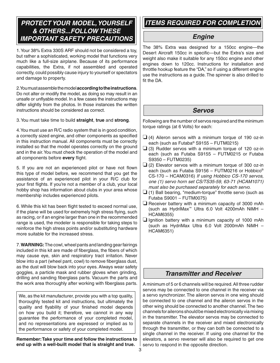 Items required for completion engine, Servos, Transmitter and receiver | Great Planes 38% Extra 330S ARF - GPMA1290 User Manual | Page 3 / 28