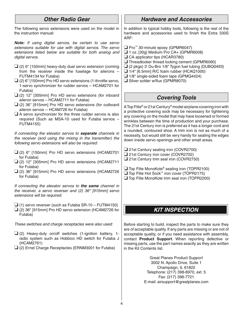 Other radio gear, Hardware and accessories, Covering tools | Kit inspection | Great Planes 38% Extra 330S ARF - GPMA1290 User Manual | Page 4 / 28