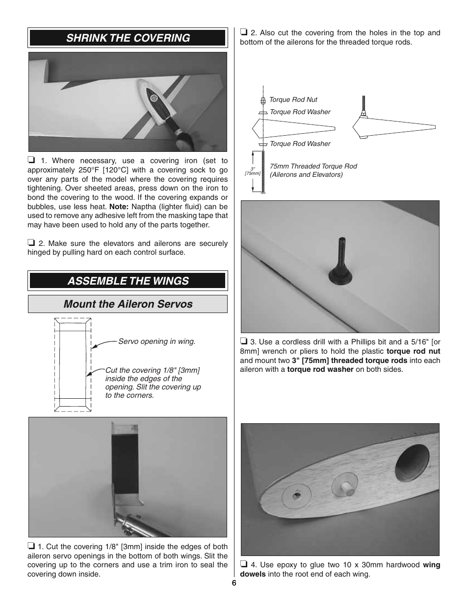 Shrink the covering, Assemble the wings mount the aileron servos | Great Planes 38% Extra 330S ARF - GPMA1290 User Manual | Page 6 / 28