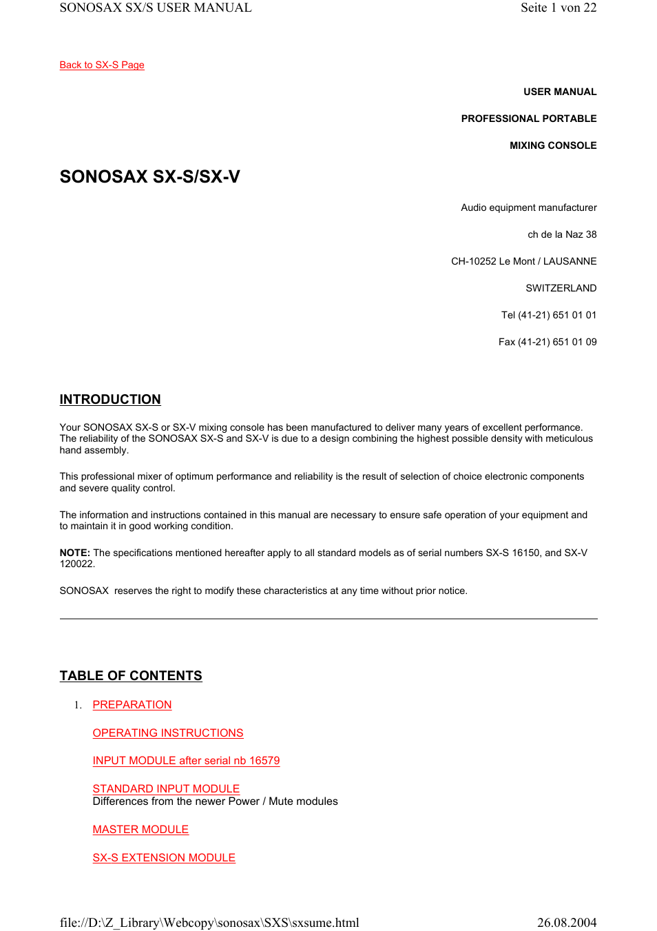 Compex Systems Professional Portable Mixing Console SONOSAX SX-S User Manual | 22 pages