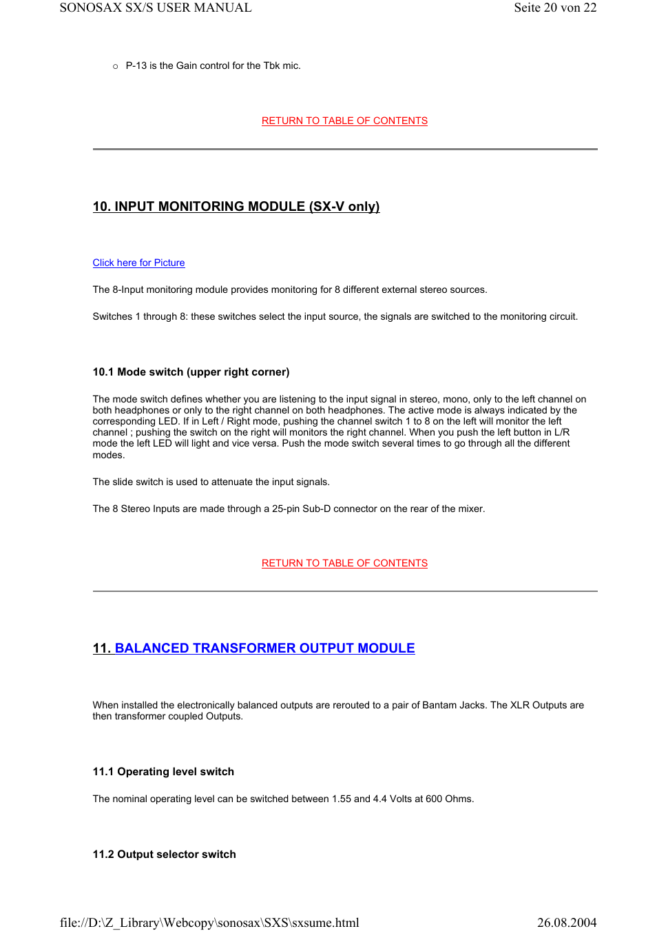Input monitoring module (sx-v only), Balanced transformer output module | Compex Systems Professional Portable Mixing Console SONOSAX SX-S User Manual | Page 20 / 22