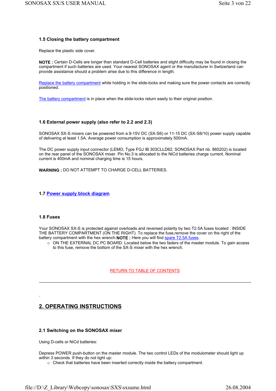 Operating instructions | Compex Systems Professional Portable Mixing Console SONOSAX SX-S User Manual | Page 3 / 22