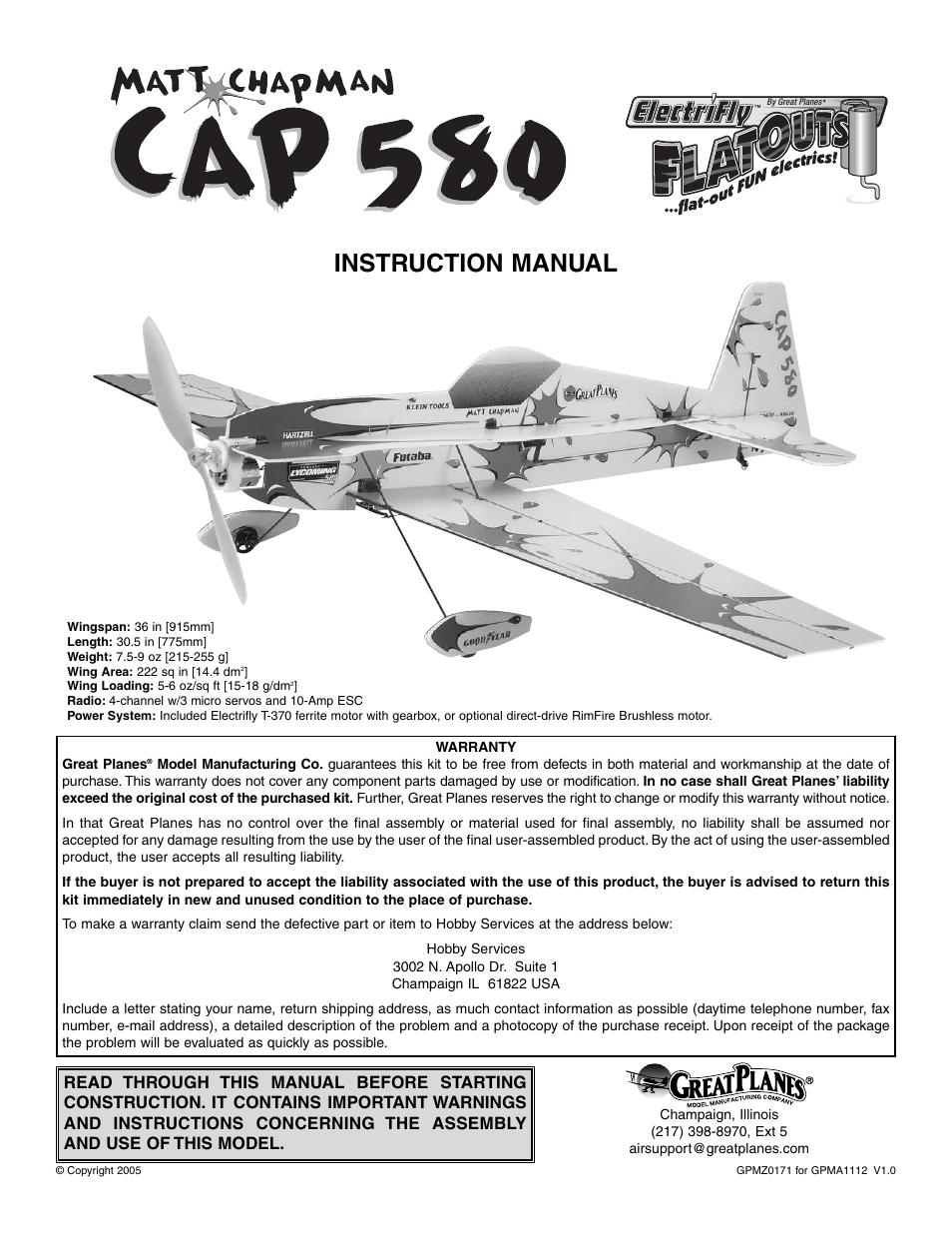 Great Planes CAP 580 Matt Chapman EP FlatOuts ARF - GPMA1112 User Manual | 24 pages