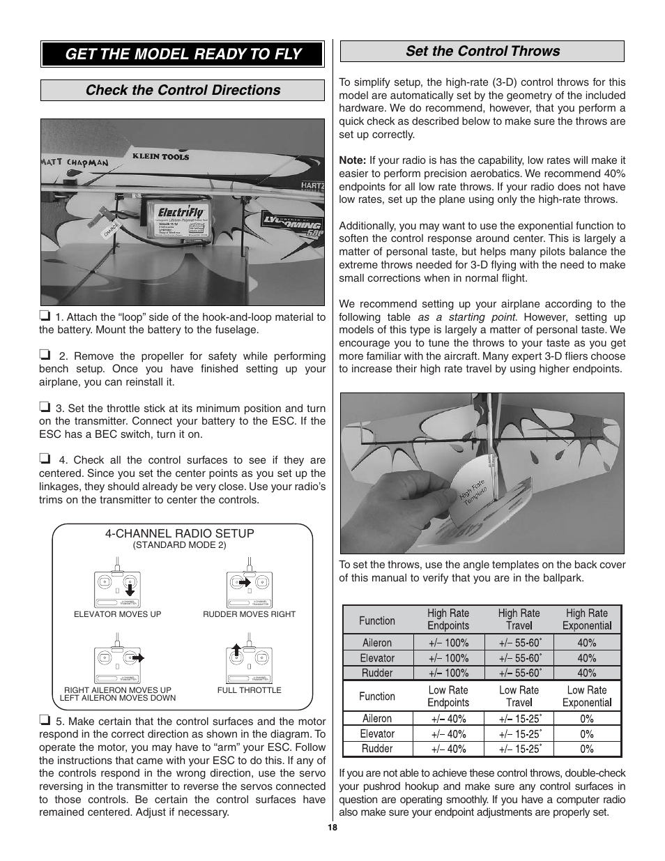 Get the model ready to fly, Set the control throws, Check the control directions | Great Planes CAP 580 Matt Chapman EP FlatOuts ARF - GPMA1112 User Manual | Page 18 / 24