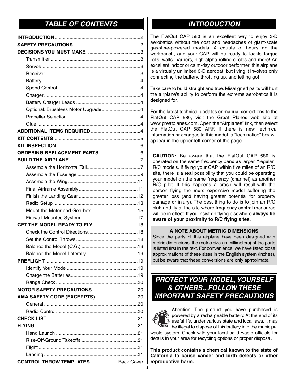 Introduction table of contents | Great Planes CAP 580 Matt Chapman EP FlatOuts ARF - GPMA1112 User Manual | Page 2 / 24