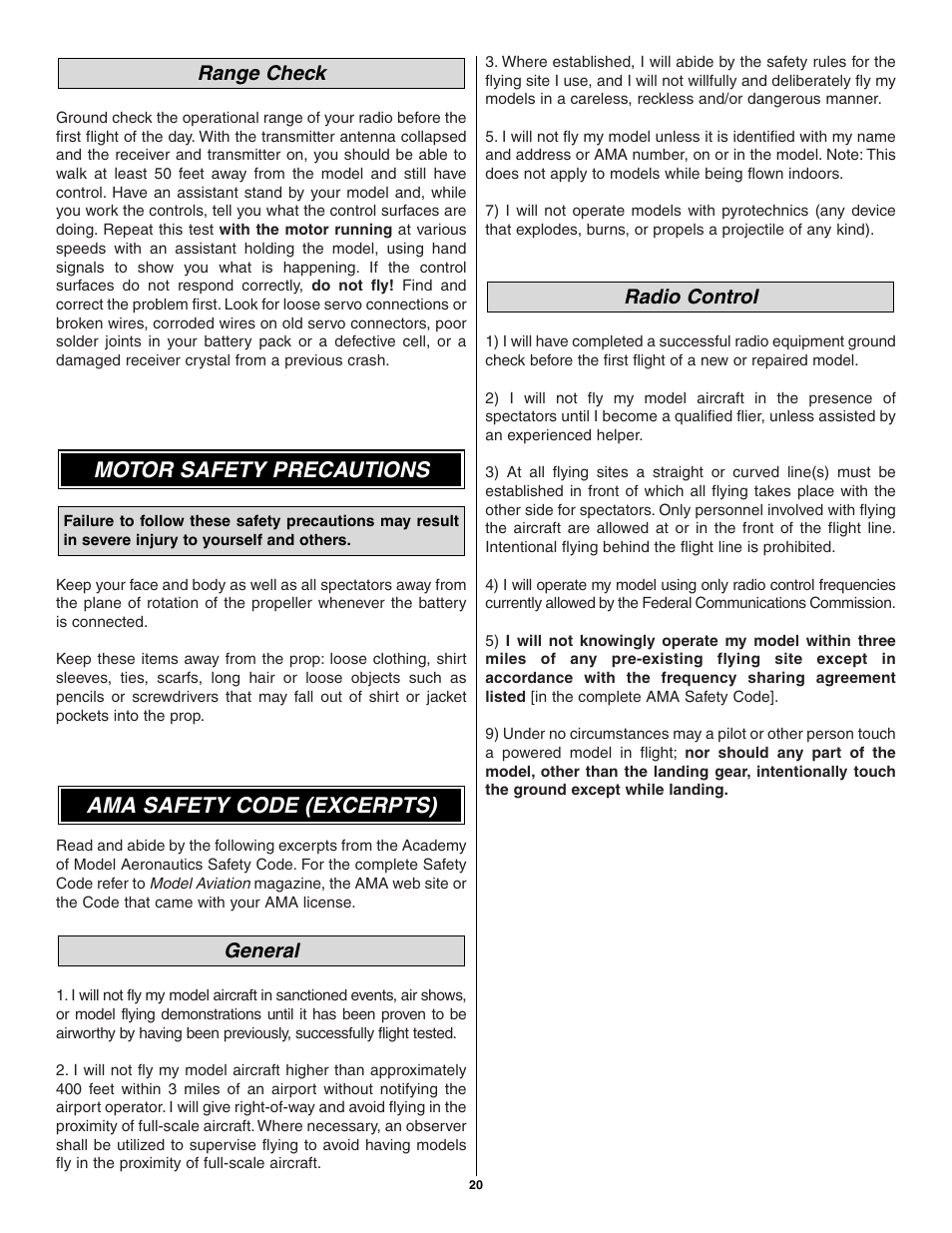 Ama safety code (excerpts), Motor safety precautions, Radio control general | Range check | Great Planes CAP 580 Matt Chapman EP FlatOuts ARF - GPMA1112 User Manual | Page 20 / 24