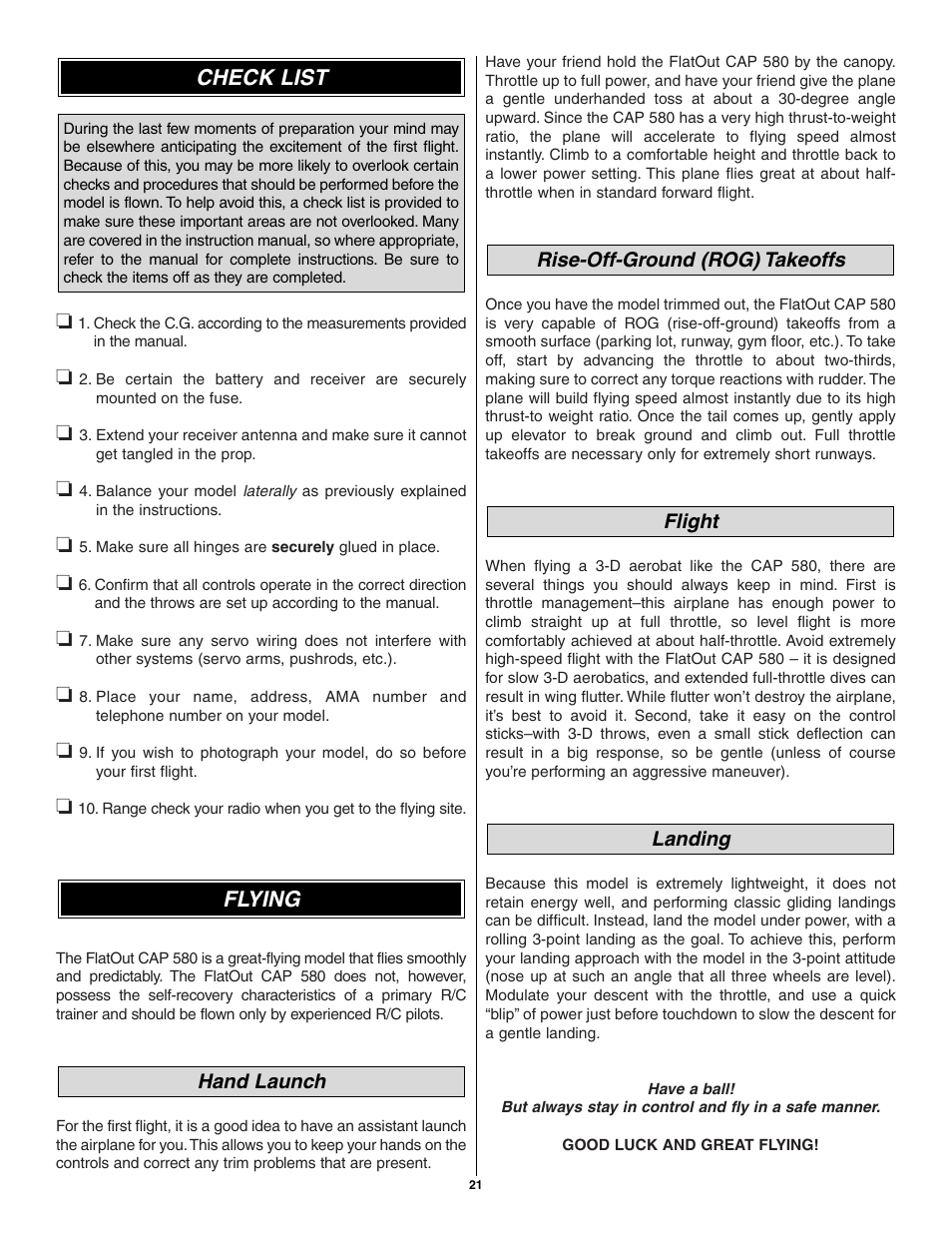 Flying, Check list | Great Planes CAP 580 Matt Chapman EP FlatOuts ARF - GPMA1112 User Manual | Page 21 / 24