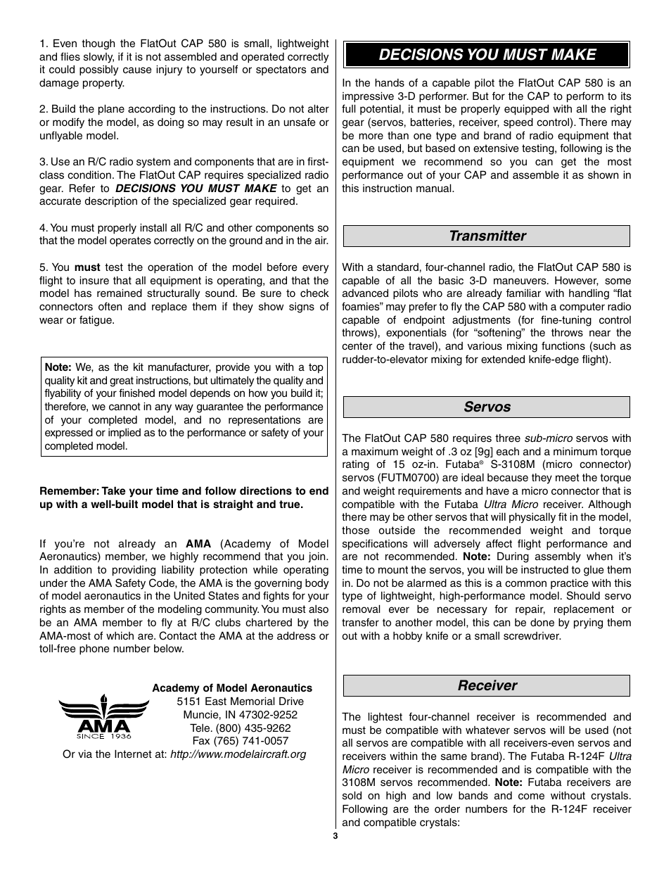 Decisions you must make, Receiver servos transmitter | Great Planes CAP 580 Matt Chapman EP FlatOuts ARF - GPMA1112 User Manual | Page 3 / 24