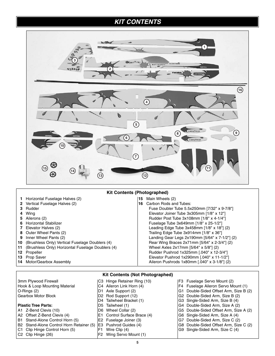 Kit contents | Great Planes CAP 580 Matt Chapman EP FlatOuts ARF - GPMA1112 User Manual | Page 5 / 24