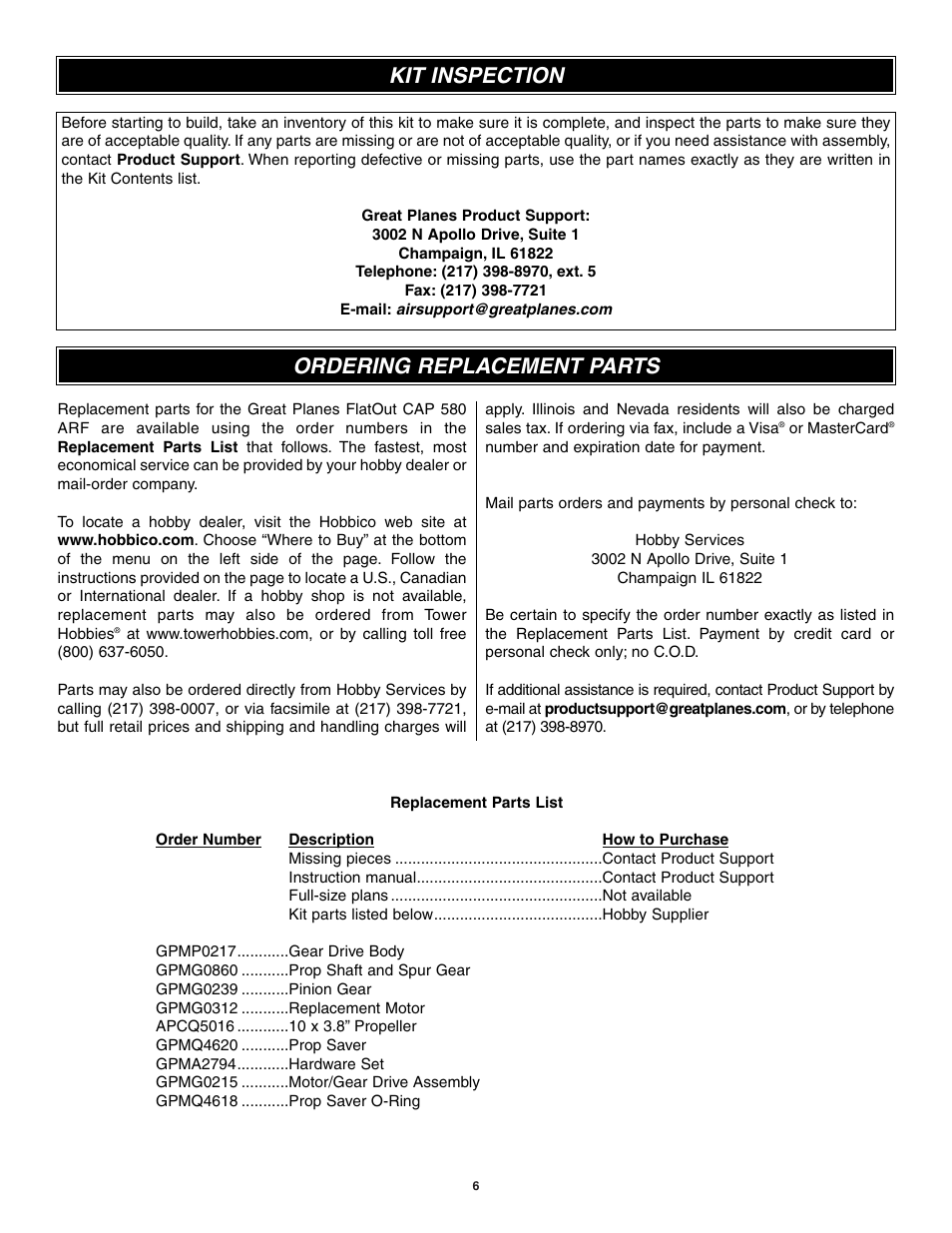 Ordering replacement parts, Kit inspection | Great Planes CAP 580 Matt Chapman EP FlatOuts ARF - GPMA1112 User Manual | Page 6 / 24