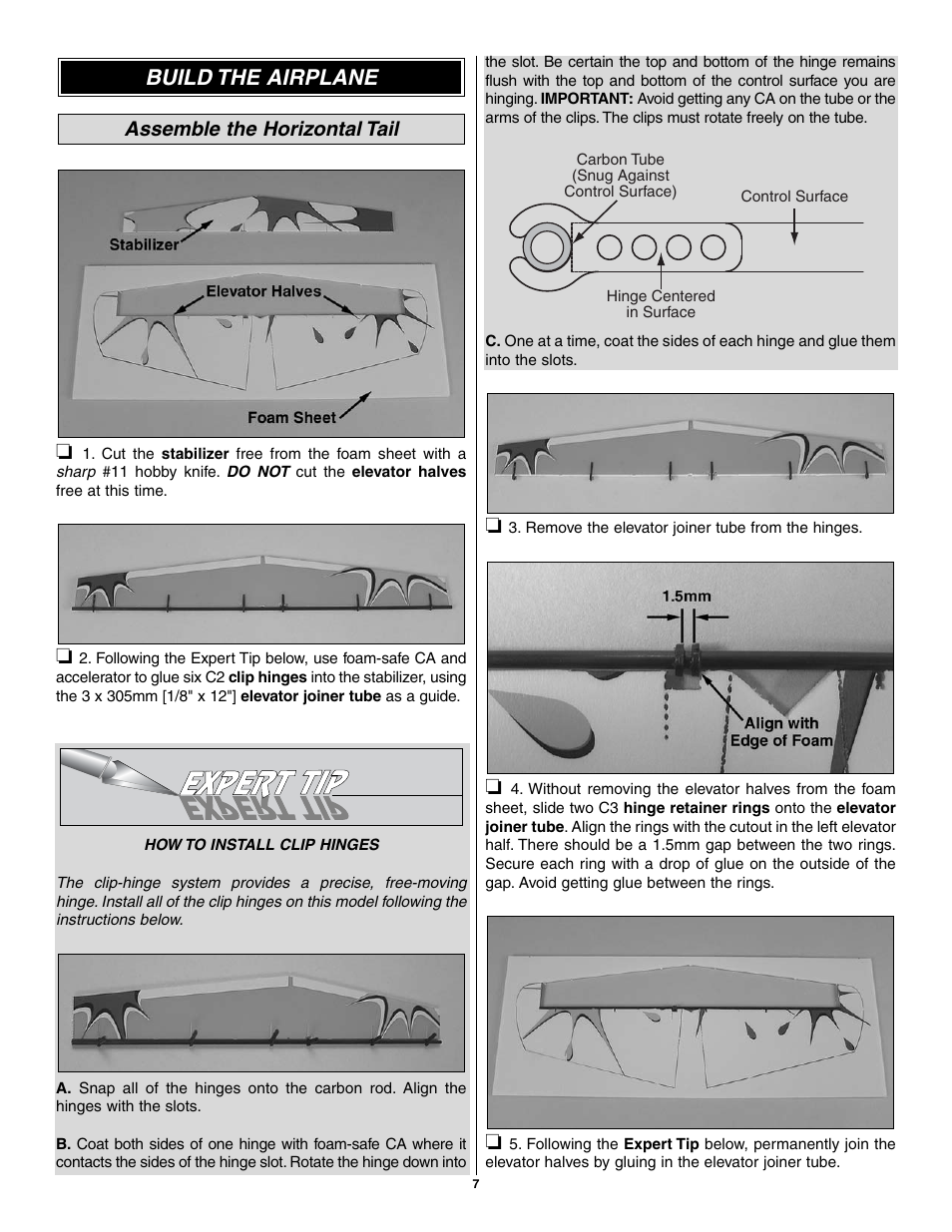 Build the airplane, Assemble the horizontal tail | Great Planes CAP 580 Matt Chapman EP FlatOuts ARF - GPMA1112 User Manual | Page 7 / 24