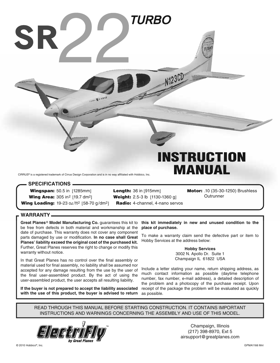 Great Planes Cirrus SR22 Turbo ARF - GPMA1166 User Manual | 24 pages