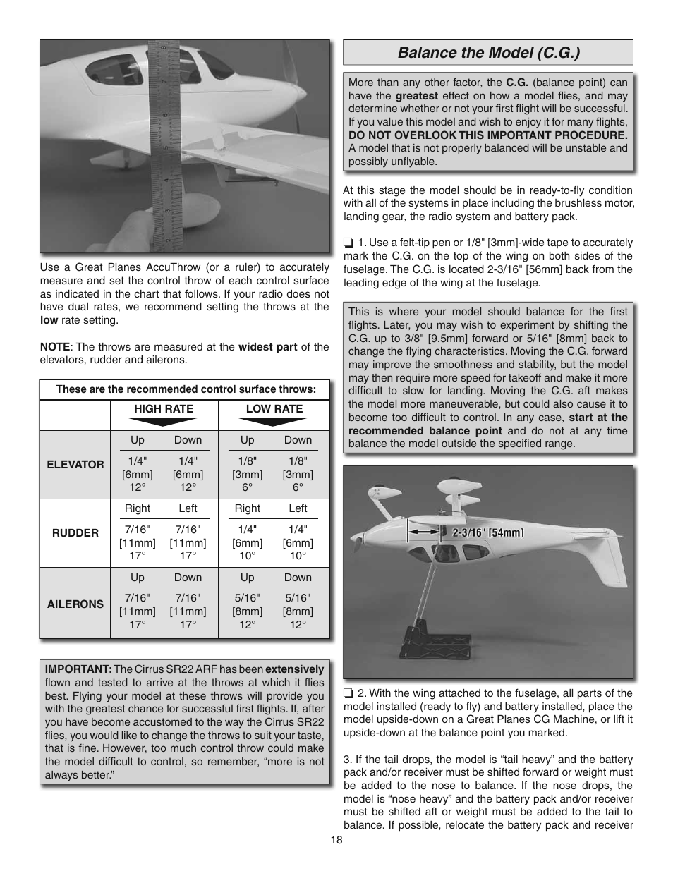 Balance the model (c.g.) | Great Planes Cirrus SR22 Turbo ARF - GPMA1166 User Manual | Page 18 / 24