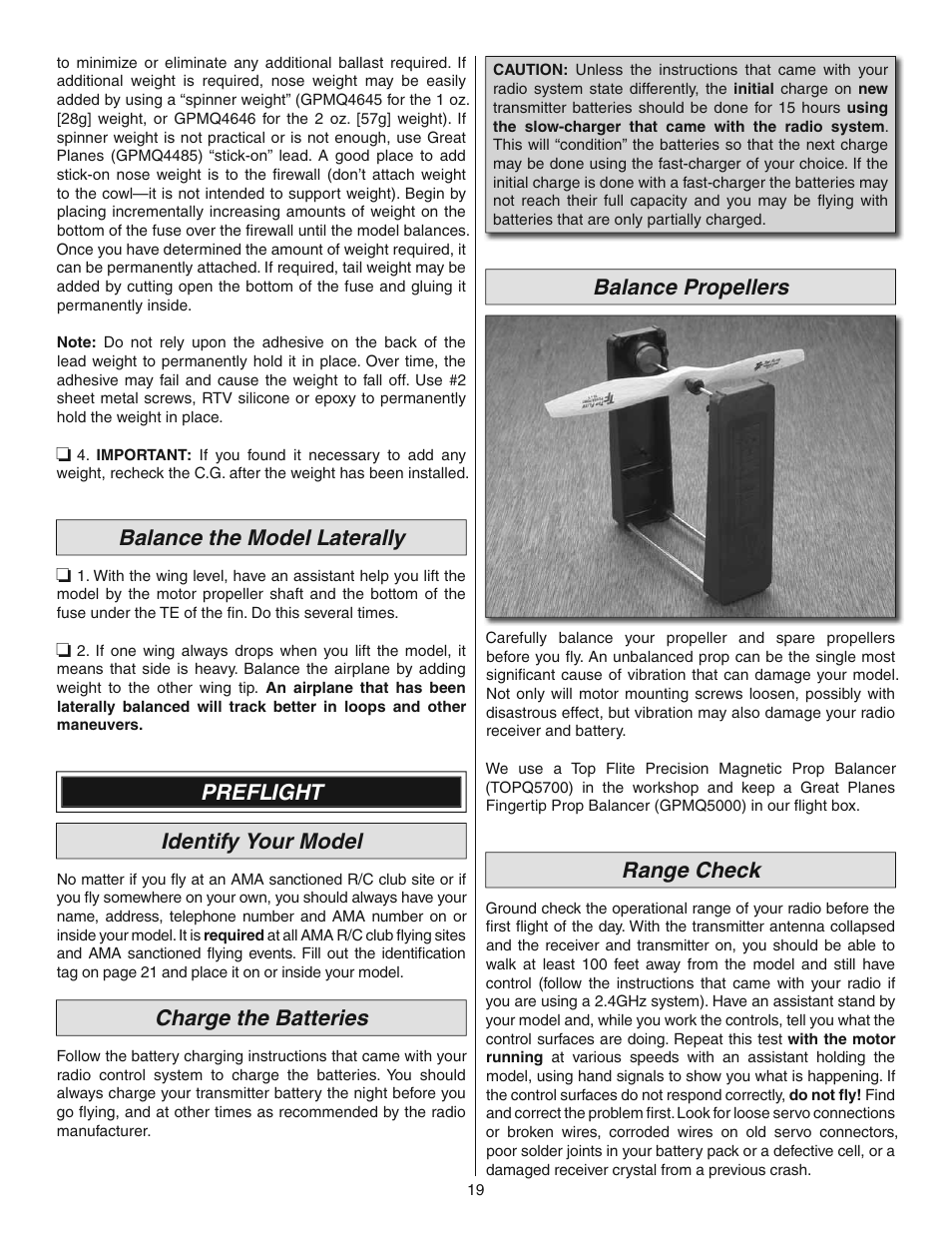 Balance the model laterally, Preflight identify your model, Charge the batteries | Balance propellers, Range check | Great Planes Cirrus SR22 Turbo ARF - GPMA1166 User Manual | Page 19 / 24