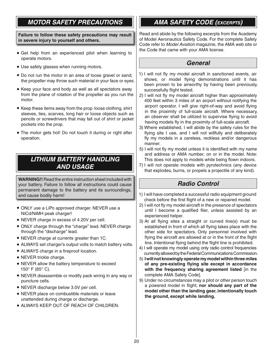 Motor safety precautions, Lithium battery handling and usage, Ama safety code | General, Radio control | Great Planes Cirrus SR22 Turbo ARF - GPMA1166 User Manual | Page 20 / 24
