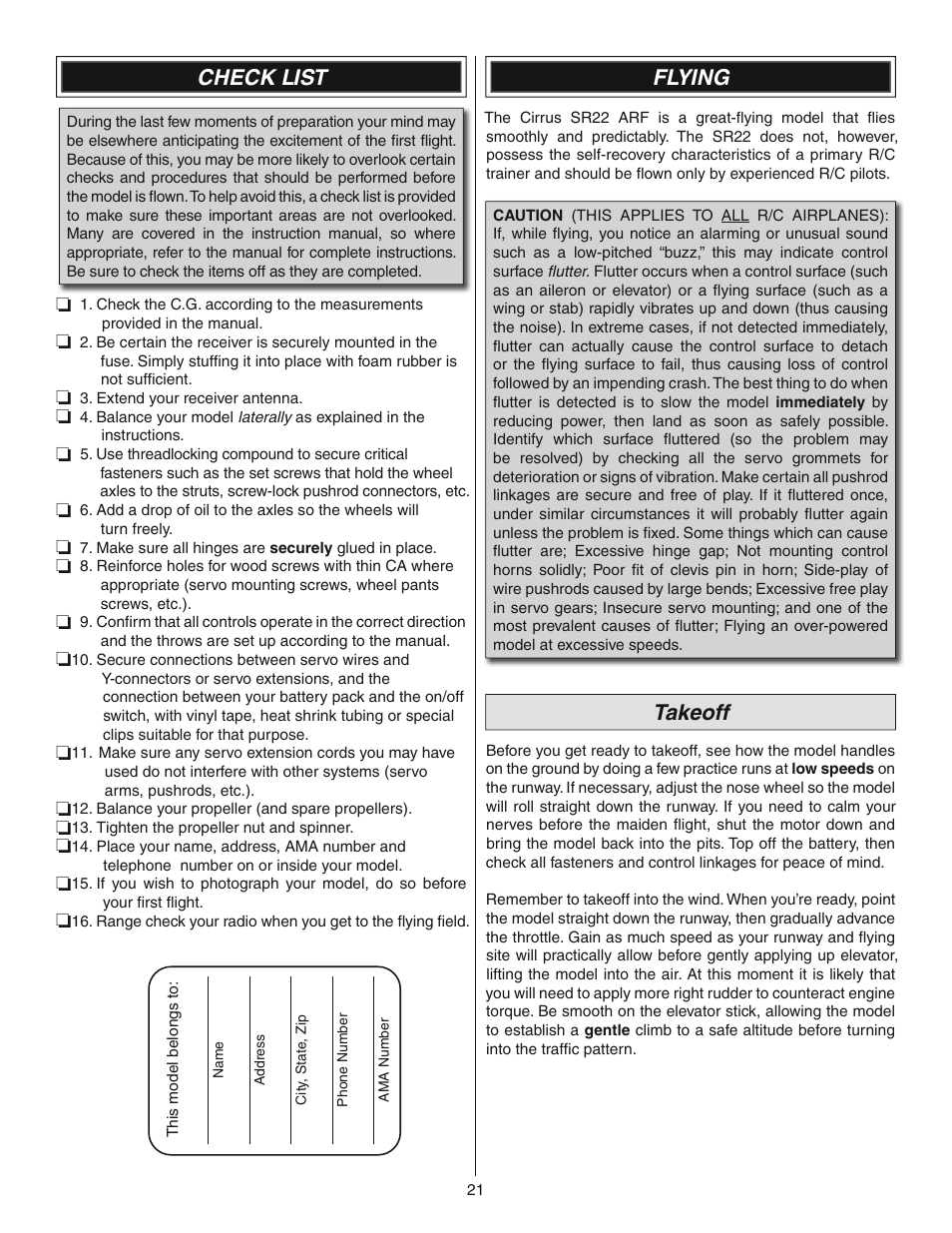 Check list, Flying, Takeoff | Great Planes Cirrus SR22 Turbo ARF - GPMA1166 User Manual | Page 21 / 24
