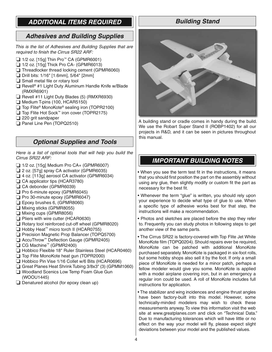 Optional supplies and tools, Building stand | Great Planes Cirrus SR22 Turbo ARF - GPMA1166 User Manual | Page 4 / 24
