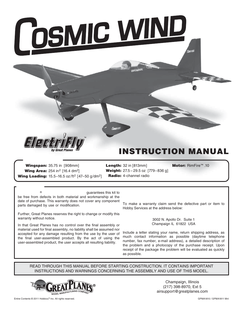 Great Planes Cosmic Wind EP ARF - GPMA1810 User Manual | 20 pages