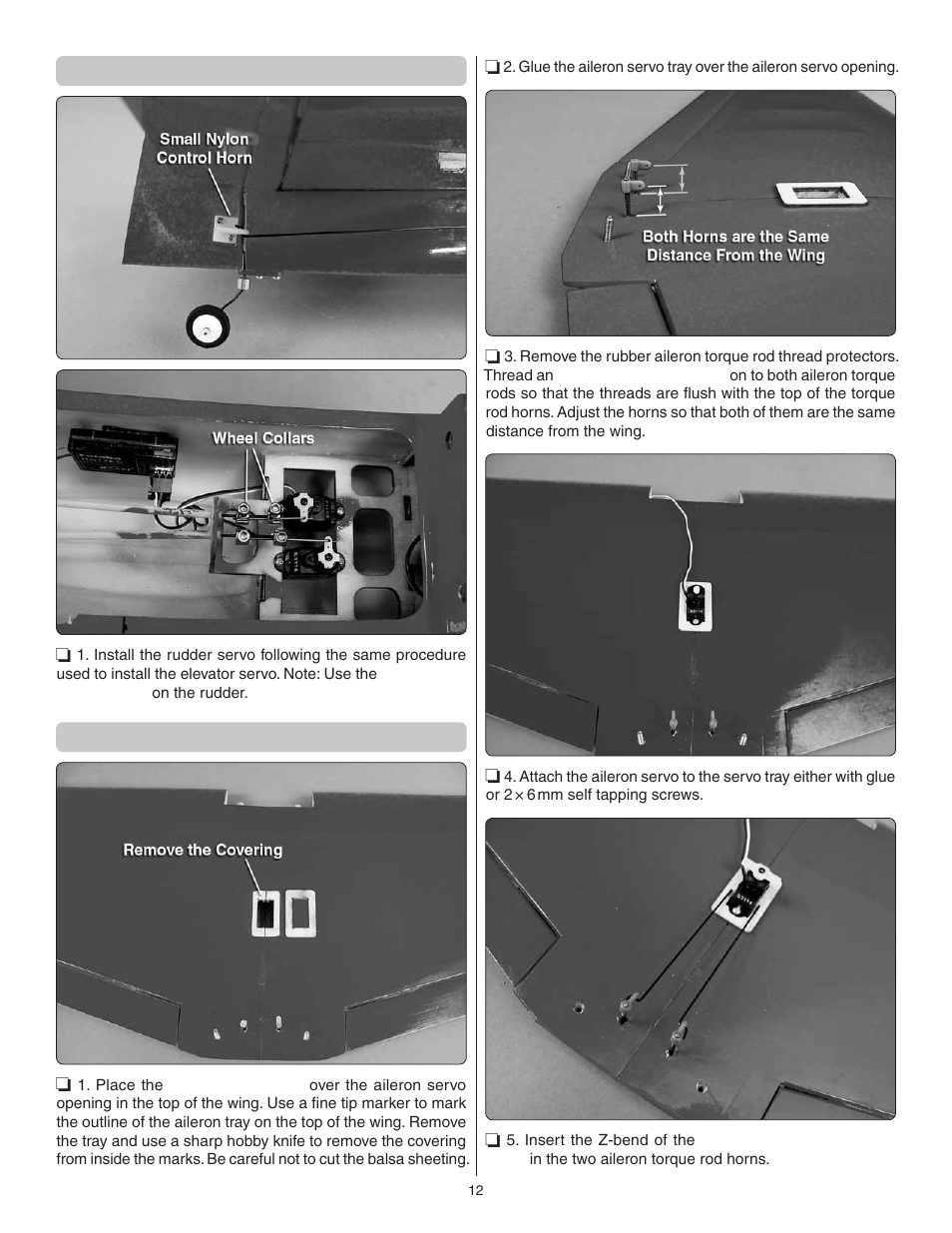 Install the rudder servo, Install the aileron servo | Great Planes Cosmic Wind EP ARF - GPMA1810 User Manual | Page 12 / 20