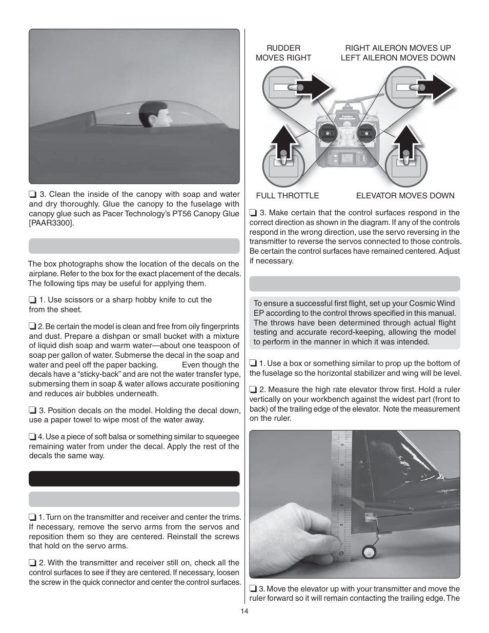 Apply the decals, Set the control throws | Great Planes Cosmic Wind EP ARF - GPMA1810 User Manual | Page 14 / 20