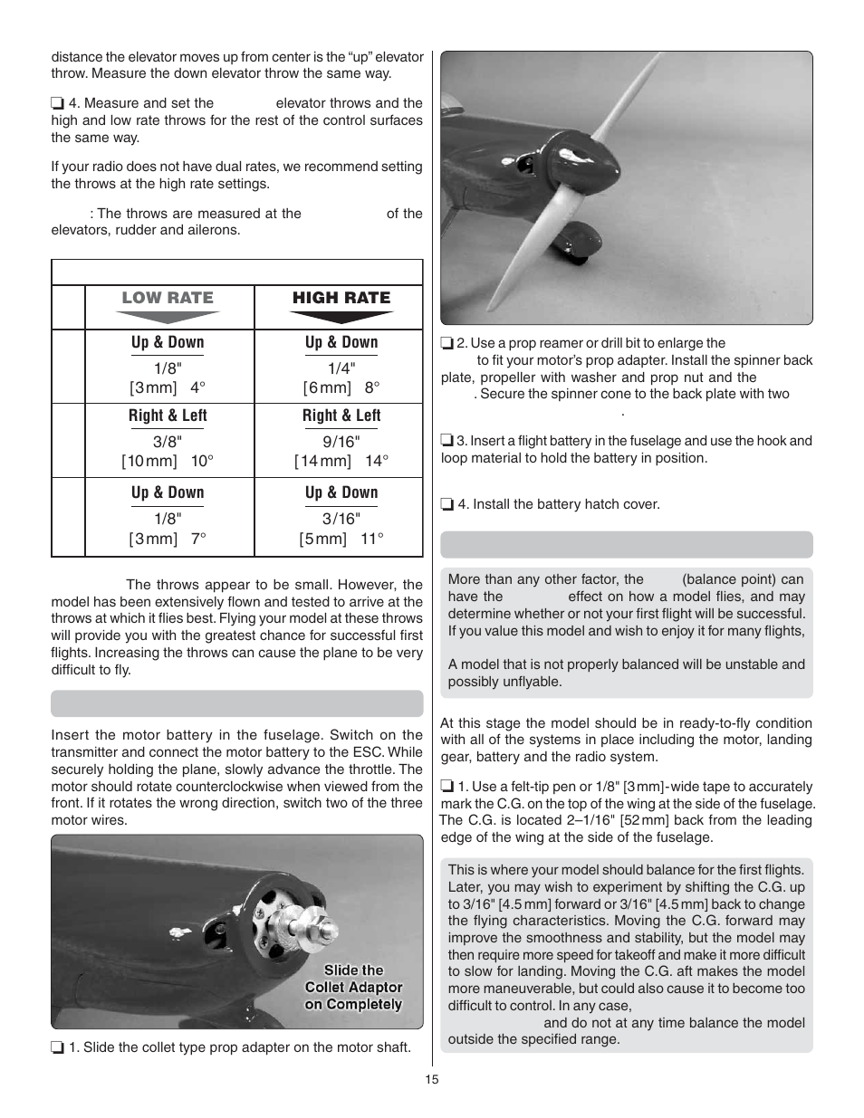 Install the propeller, Balance the model (c.g.) | Great Planes Cosmic Wind EP ARF - GPMA1810 User Manual | Page 15 / 20