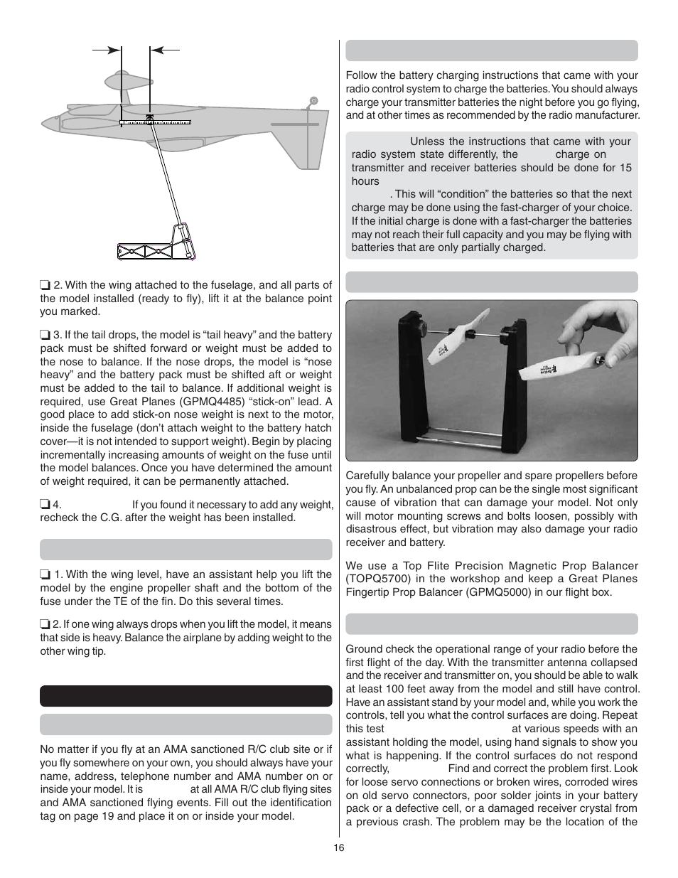 Balance the model laterally, Preflight identify your model, Charge the batteries | Balance the propellers, Range check | Great Planes Cosmic Wind EP ARF - GPMA1810 User Manual | Page 16 / 20