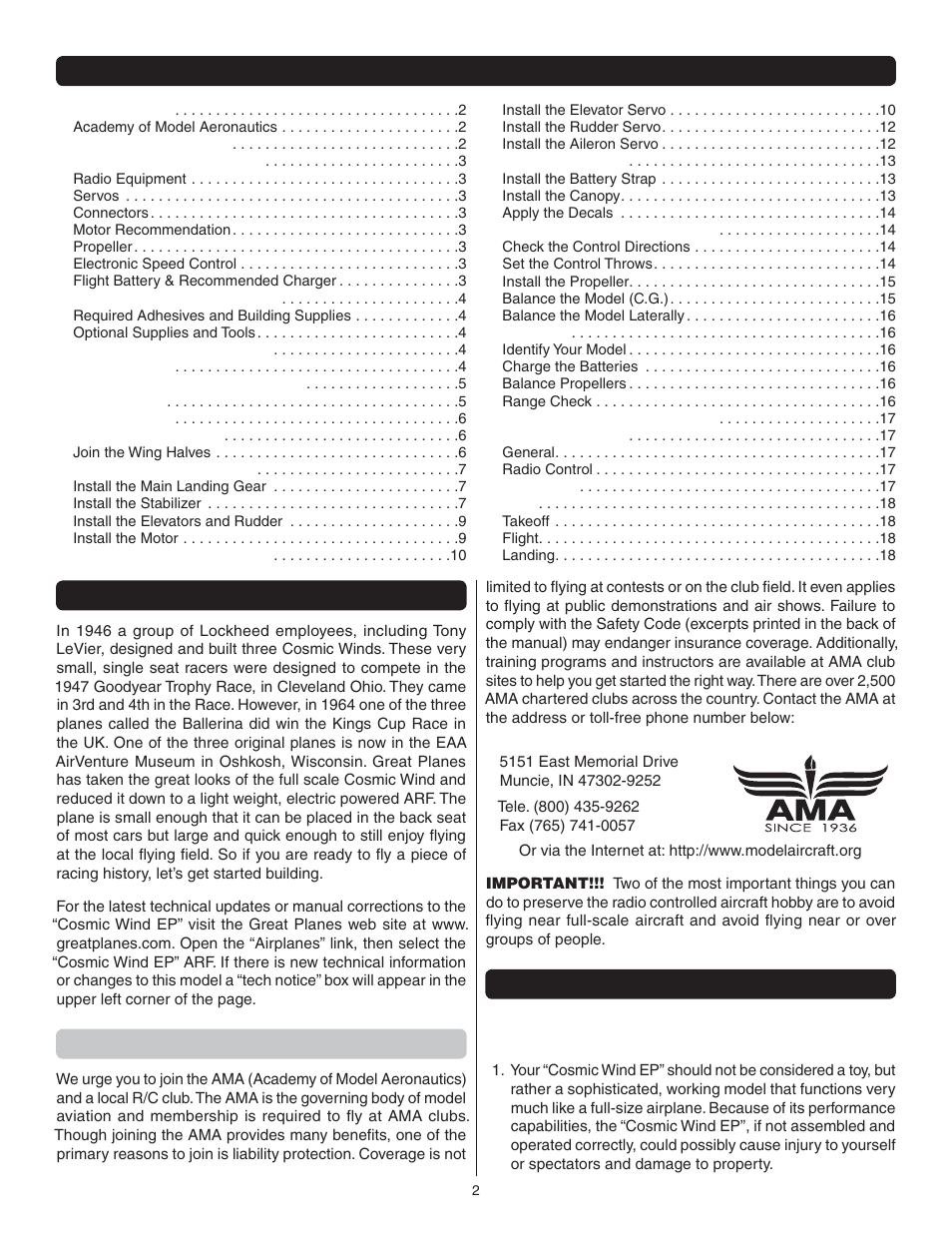 Great Planes Cosmic Wind EP ARF - GPMA1810 User Manual | Page 2 / 20