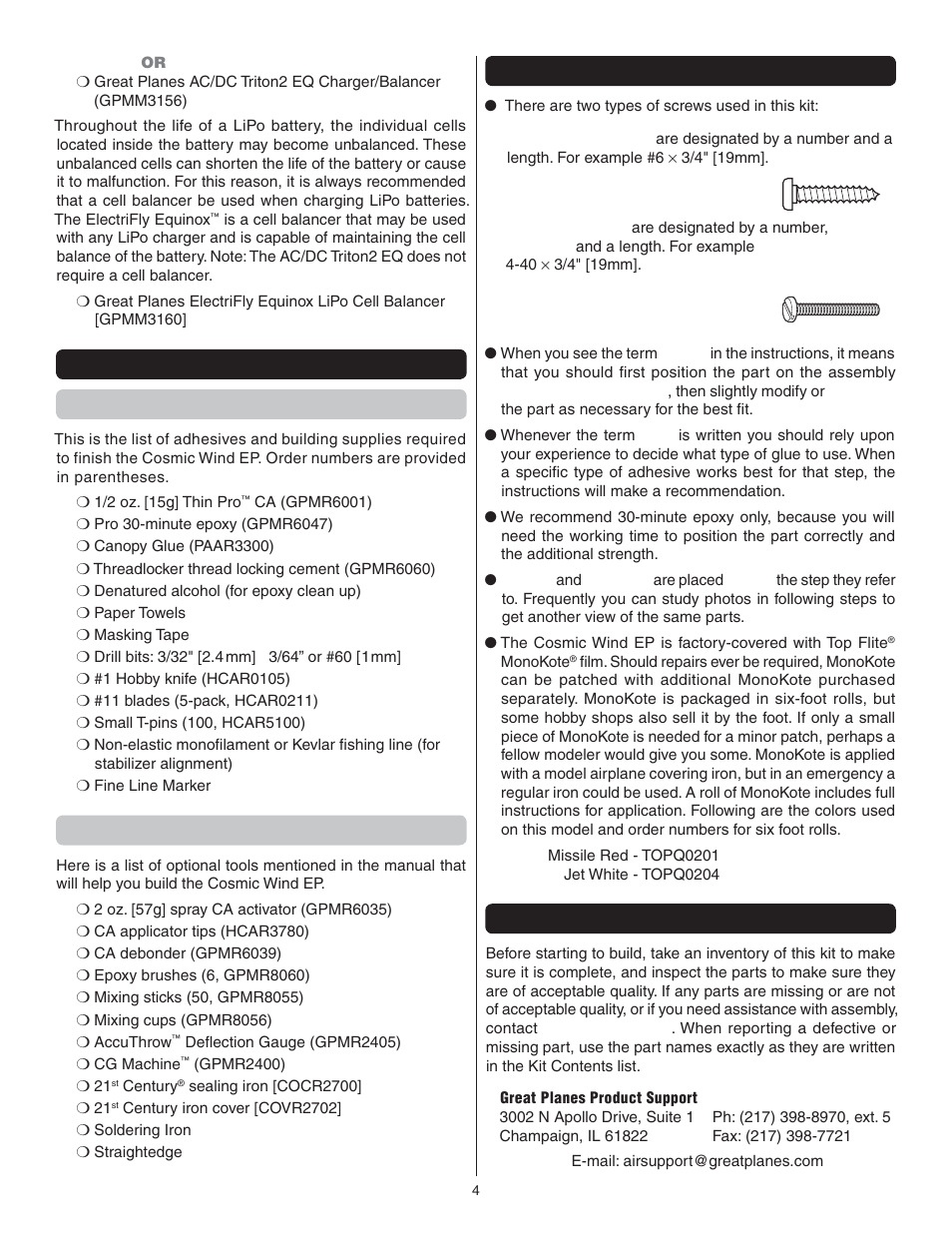 Optional supplies and tools, Kit inspection | Great Planes Cosmic Wind EP ARF - GPMA1810 User Manual | Page 4 / 20