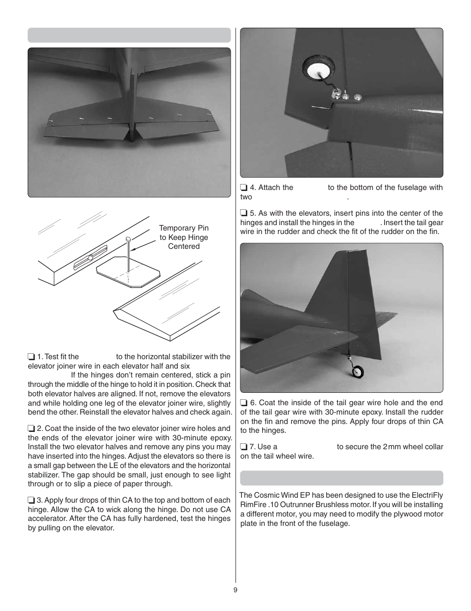 Install the elevators and rudder, Install the motor | Great Planes Cosmic Wind EP ARF - GPMA1810 User Manual | Page 9 / 20