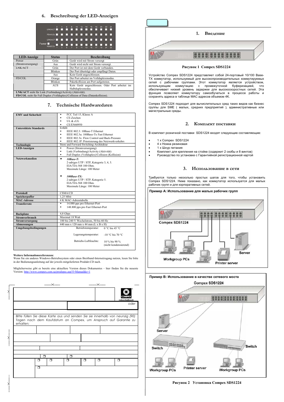 Beschreibung der led-anzeigen, Technische hardwaredaten, Garantieregistrierungskarte | Введение, Комплект поставки, Использование в сети, Russian | Compex Systems READYLINK SDS1224 User Manual | Page 4 / 5