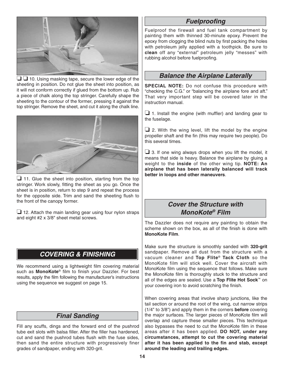 Covering & finishing, Final sanding, Fuelproofing | Balance the airplane laterally, Cover the structure with monokote, Film | Great Planes Dazzler 40 Kit - GPMA0480 User Manual | Page 14 / 20