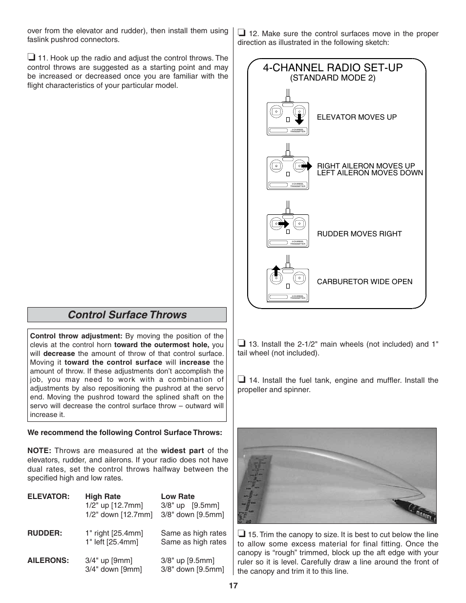 Control surface throws, Channel radio set-up | Great Planes Dazzler 40 Kit - GPMA0480 User Manual | Page 17 / 20