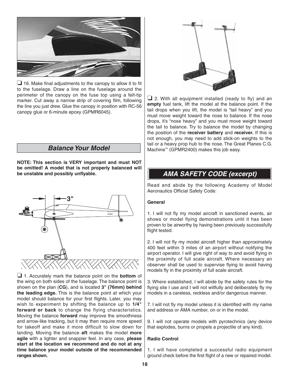Balance your model, Ama safety code (excerpt) | Great Planes Dazzler 40 Kit - GPMA0480 User Manual | Page 18 / 20