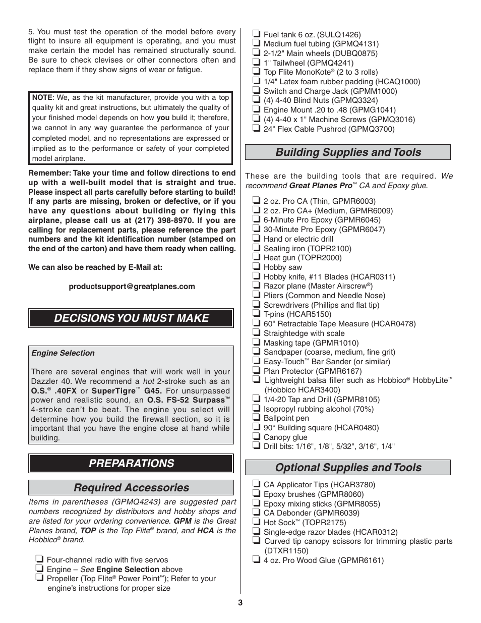 Decisions you must make, Preparations required accessories, Building supplies and tools | Optional supplies and tools | Great Planes Dazzler 40 Kit - GPMA0480 User Manual | Page 3 / 20