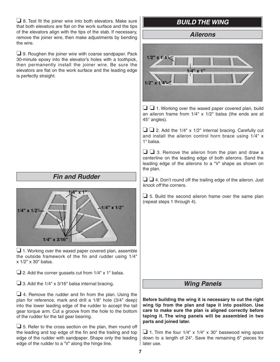 Fin and rudder, Build the wing ailerons, Wing panels | Great Planes Dazzler 40 Kit - GPMA0480 User Manual | Page 7 / 20