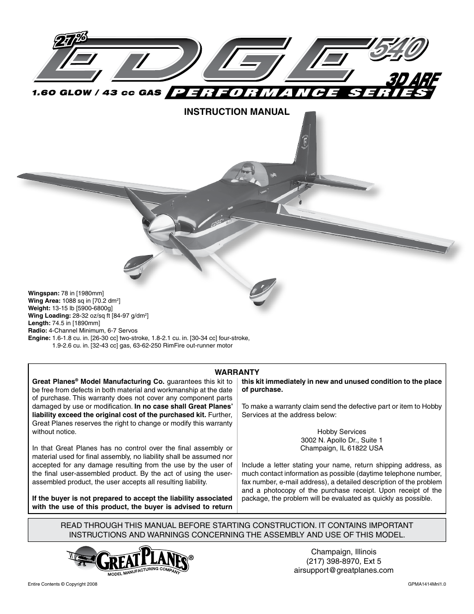 Great Planes Edge 540 1.60-43cc Performance Series ARF - GPMA1414 User Manual | 56 pages