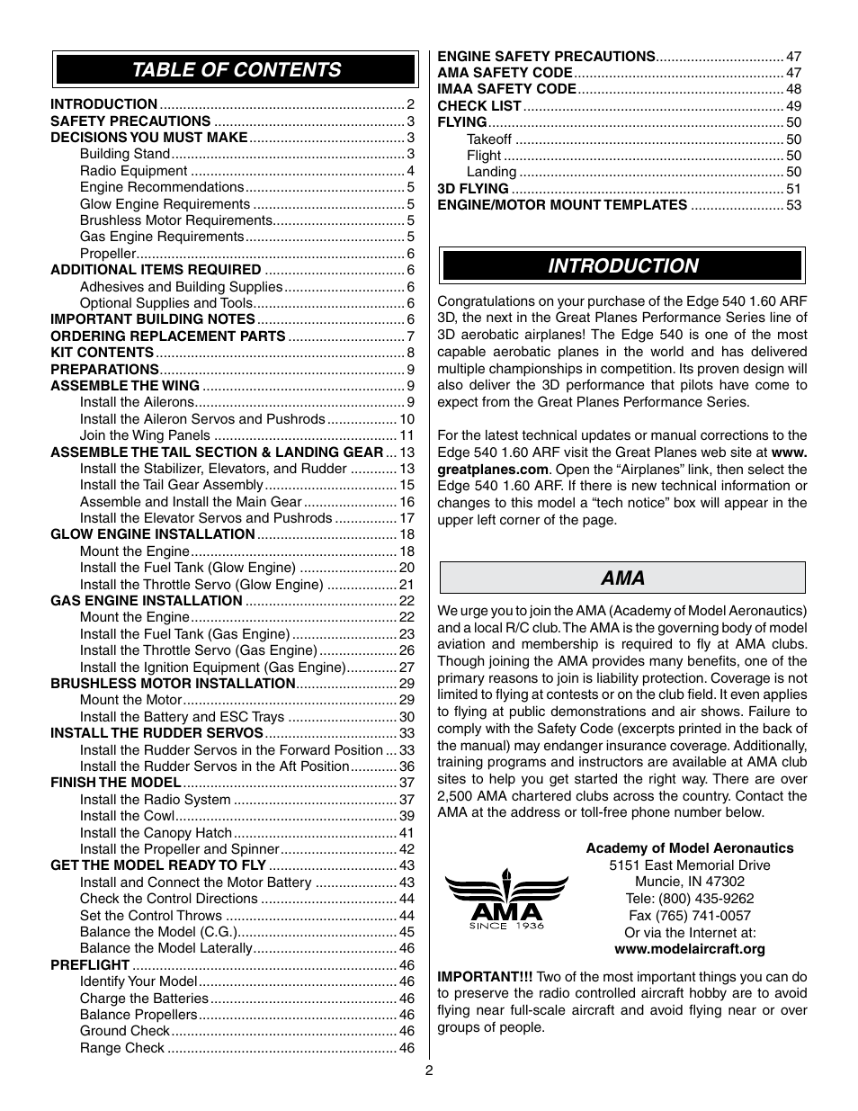 Great Planes Edge 540 1.60-43cc Performance Series ARF - GPMA1414 User Manual | Page 2 / 56