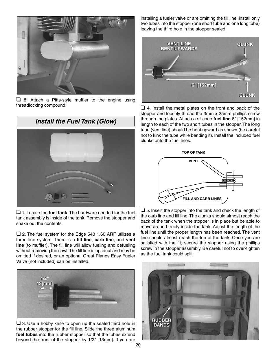 Install the fuel tank (glow) | Great Planes Edge 540 1.60-43cc Performance Series ARF - GPMA1414 User Manual | Page 20 / 56