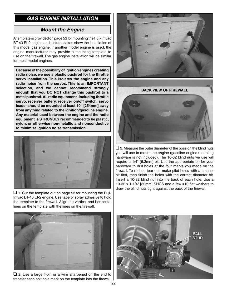 Gas engine installation mount the engine | Great Planes Edge 540 1.60-43cc Performance Series ARF - GPMA1414 User Manual | Page 22 / 56