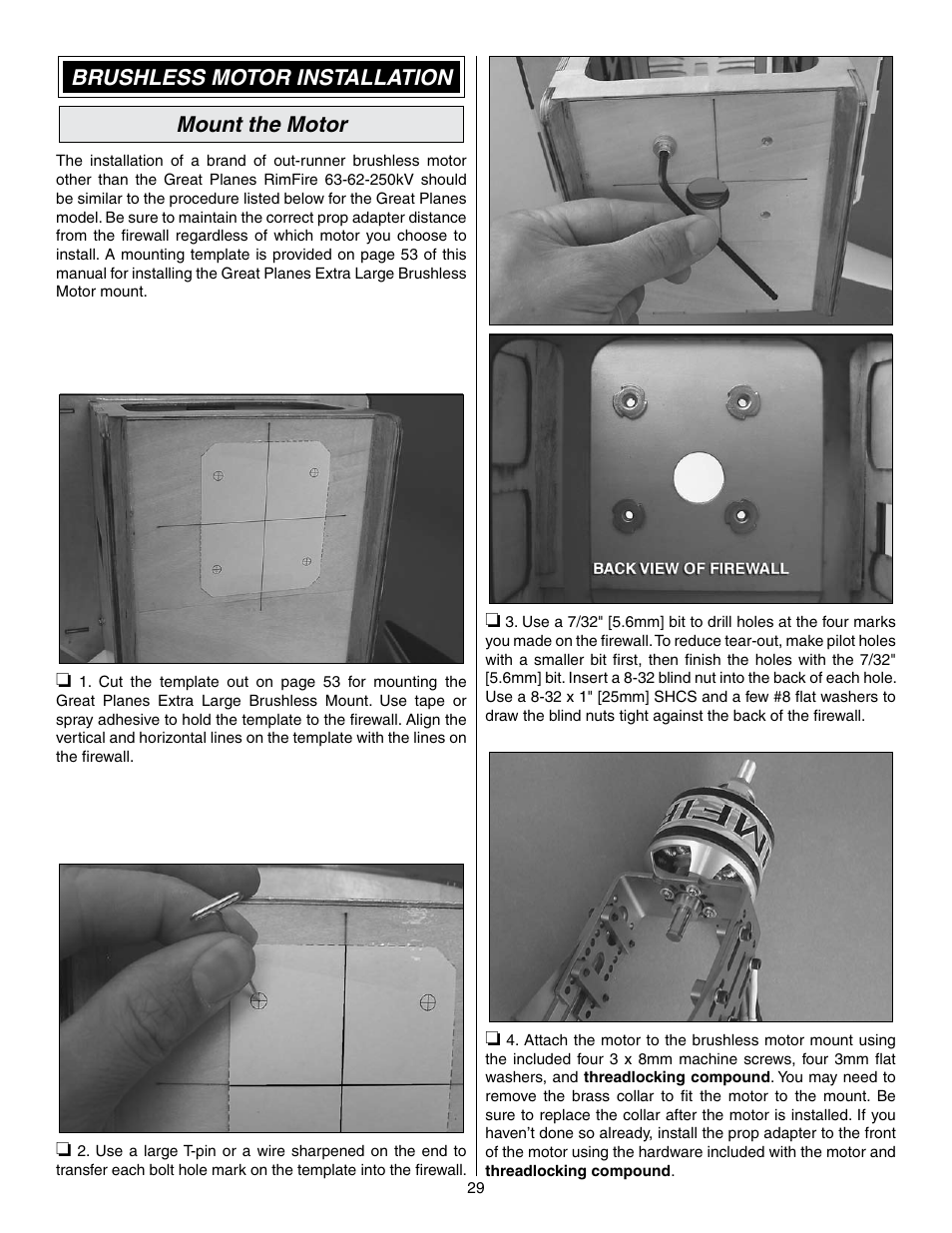 Brushless motor installation mount the motor | Great Planes Edge 540 1.60-43cc Performance Series ARF - GPMA1414 User Manual | Page 29 / 56