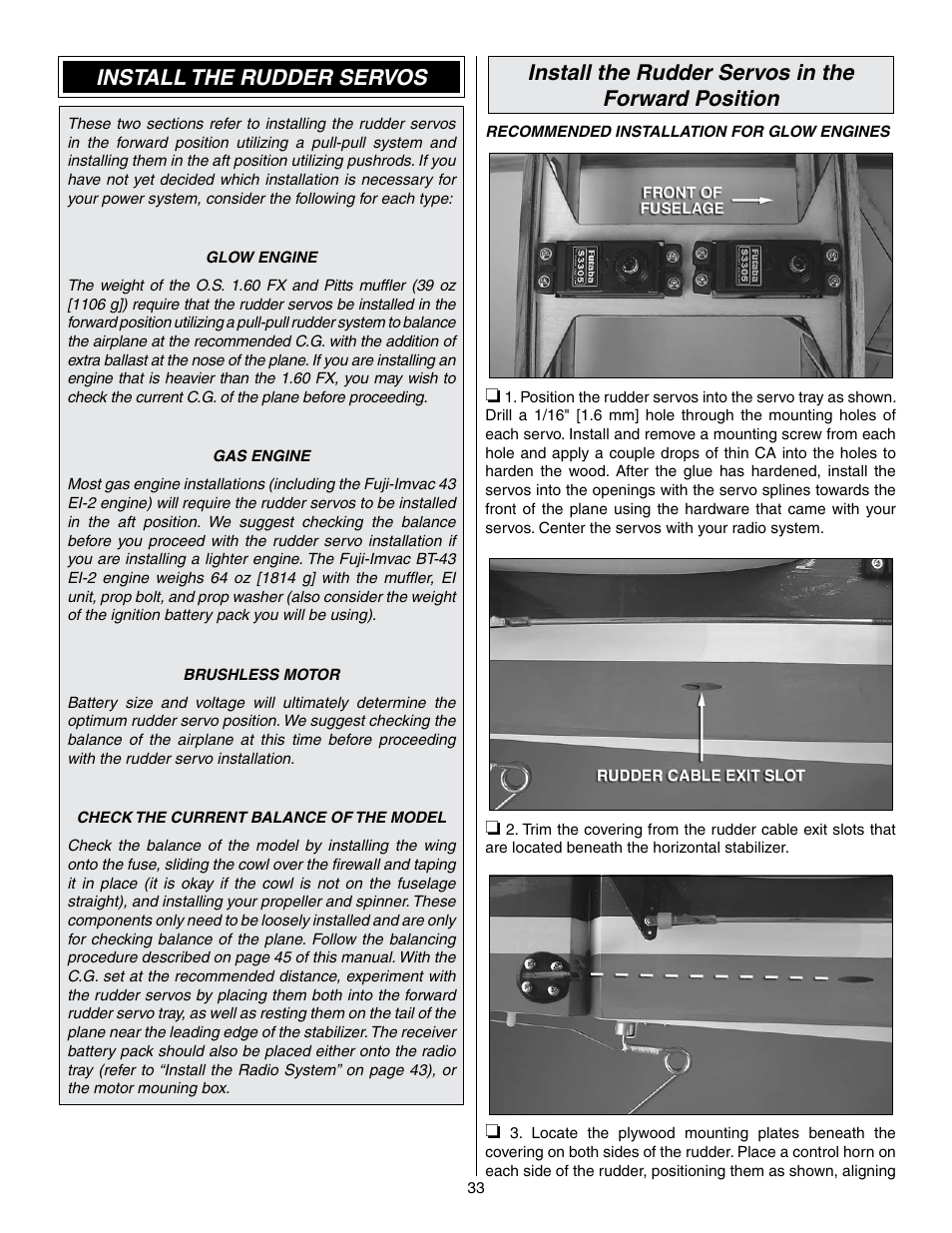 Install the rudder servos, Install the rudder servos in the forward position | Great Planes Edge 540 1.60-43cc Performance Series ARF - GPMA1414 User Manual | Page 33 / 56