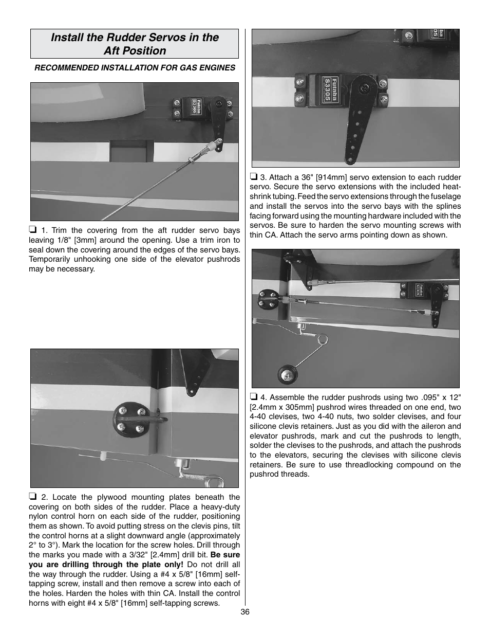 Install the rudder servos in the aft position | Great Planes Edge 540 1.60-43cc Performance Series ARF - GPMA1414 User Manual | Page 36 / 56